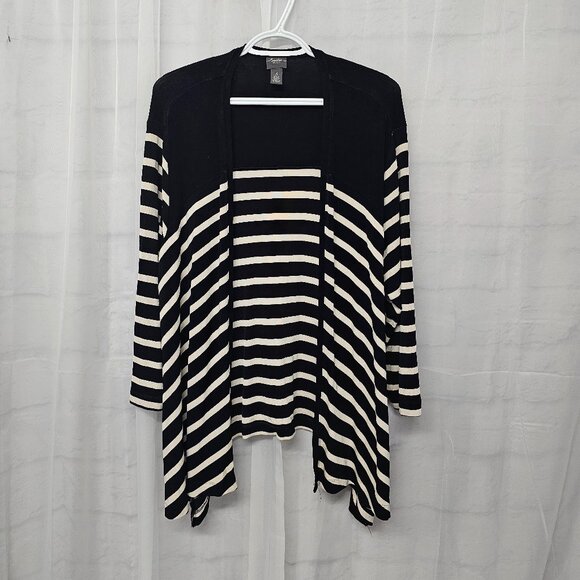 Vintage Chico's Travelers Cardigan Black Cream Striped Liquid Knit Open 3 (XL) - Picture 7 of 7